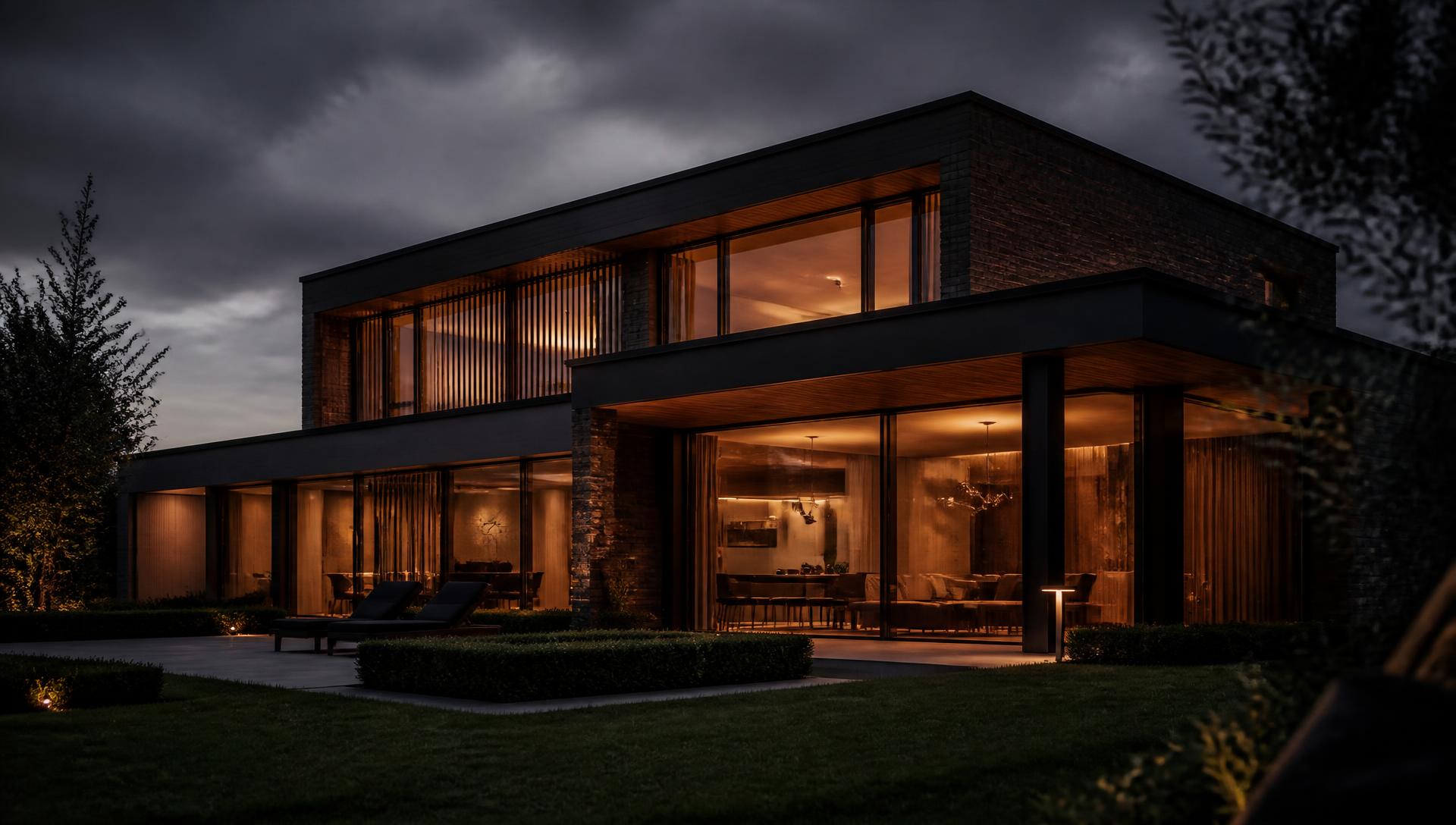 Villa contemporaine belge éclairée au crépuscule